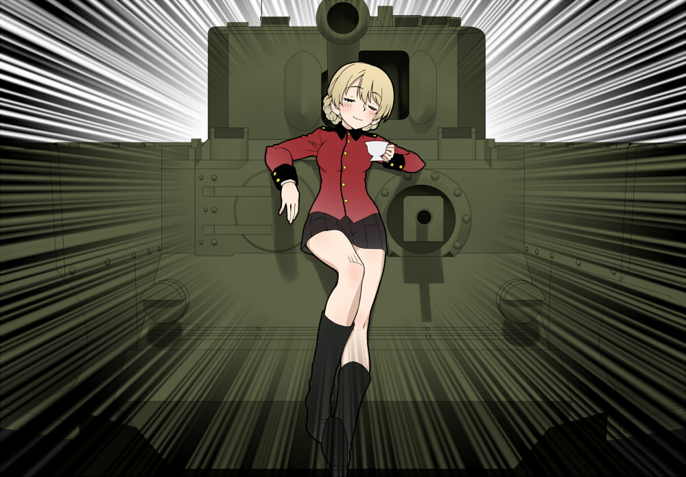 1girl bangs black_footwear black_skirt blonde_hair boots braid churchill_(tank) cup darjeeling emphasis_lines epaulettes girls_und_panzer ground_vehicle holding jacket long_sleeves military military_uniform military_vehicle miniskirt motor_vehicle pleated_skirt red_jacket short_hair sitting skirt solo st._gloriana's_military_uniform tank teacup tied_hair twin_braids uniform wata_do_chinkuru