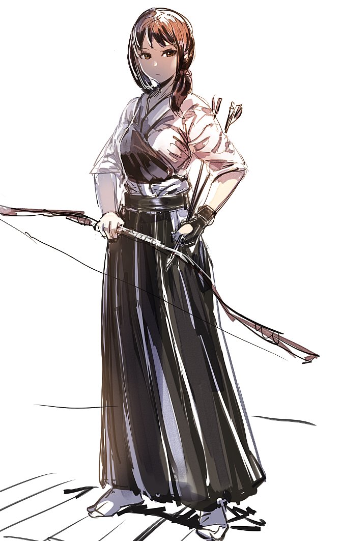 1girl archery arrow bangs bow_(bhp) bow_(weapon) brown_eyes brown_hair character_request closed_mouth copyright_request full_body geta hakama holding holding_bow_(weapon) holding_weapon japanese_clothes looking_at_viewer muneate simple_background sketch sleeves_rolled_up solo standing weapon white_background white_legwear