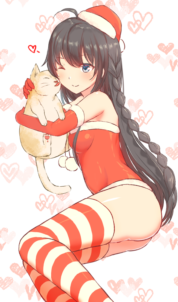 1girl ;) ahoge ass black_hair blush braid breasts cat chouge60229 elbow_gloves gloves hat heart holding_cat licking long_hair looking_at_viewer one_eye_closed pom_pom_(clothes) red_hat red_legwear santa_hat school_uniform small_breasts smile striped striped_legwear thigh-highs very_long_hair yahari_ore_no_seishun_lovecome_wa_machigatteiru. yukinoshita_yukino