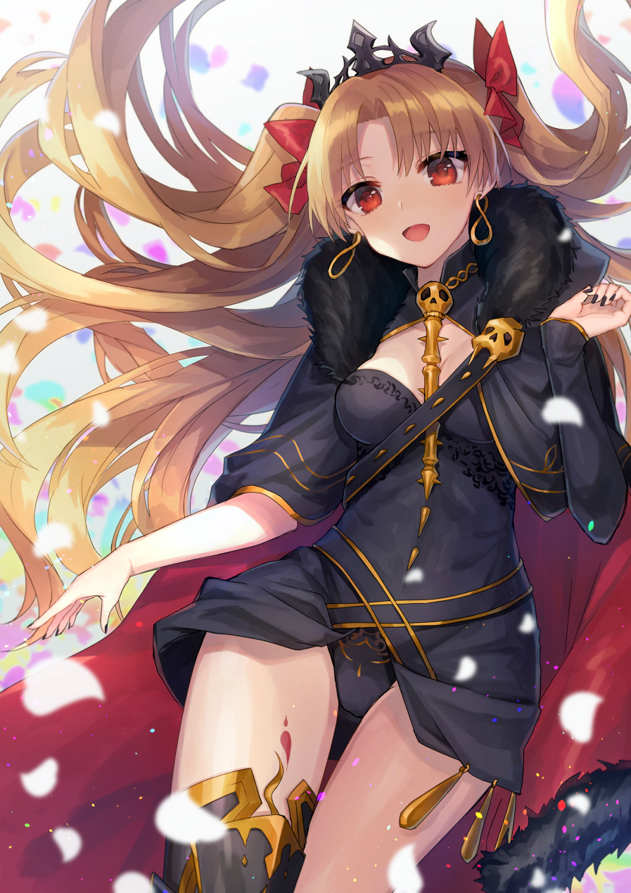 .com_(cu_105) 1girl :d bangs between_breasts black_cloak black_dress black_leotard black_nails blonde_hair blurry breasts cloak collarbone commentary_request depth_of_field dress earrings ereshkigal_(fate/grand_order) eyebrows_visible_through_hair fate/grand_order fate_(series) floating_hair fur-trimmed_cloak fur_trim gold_trim greaves hair_ribbon hand_up high_collar highres hoop_earrings jewelry leotard light_particles long_hair looking_at_viewer medium_breasts nail_polish open_mouth parted_bangs petals red_cloak red_eyes red_ribbon ribbon shiny shiny_hair short_dress single_greave single_sleeve skull smile solo thigh_gap tiara tohsaka_rin two_side_up very_long_hair white_background