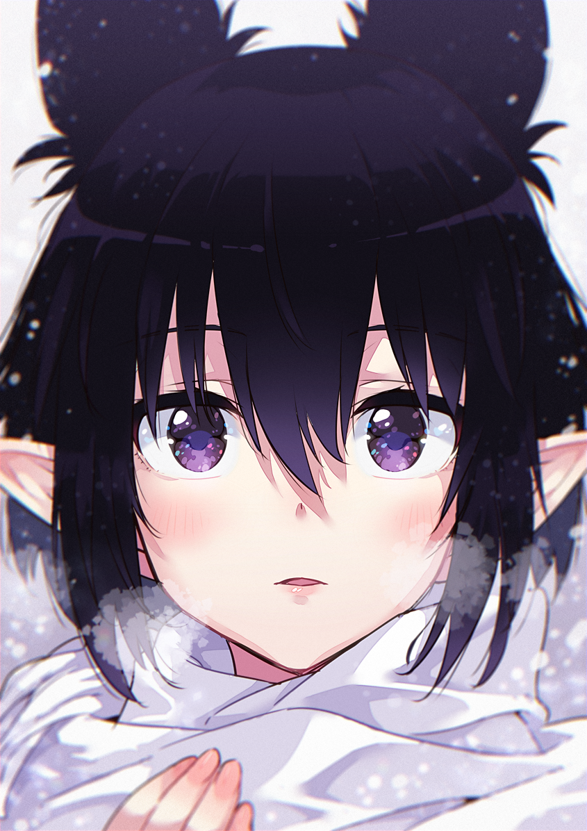 1girl animal_ears bangs black_hair close-up commentary_request eyebrows_visible_through_hair eyes face fingernails hair_between_eyes looking_at_viewer mano_(narumi_arata) narumi_arata original parted_lips pointy_ears portrait scarf short_hair solo violet_eyes white_scarf