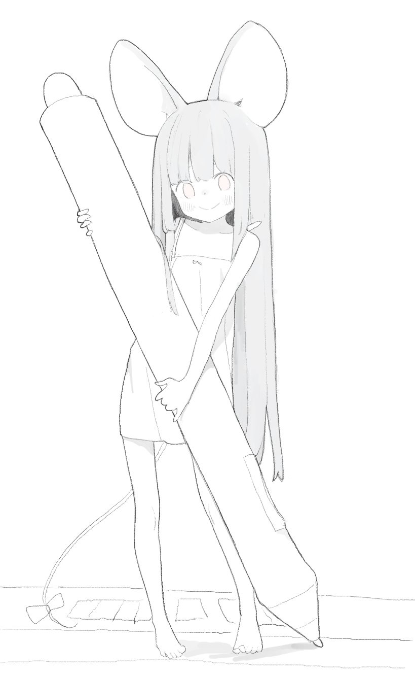 1girl animal_ears bangs bare_arms bare_legs bare_shoulders barefoot blunt_bangs closed_mouth contrapposto doremi dress greyscale highres holding long_hair minigirl monochrome mouse_ears mouse_tail original pen simple_background smile solo standing tail very_long_hair white_background