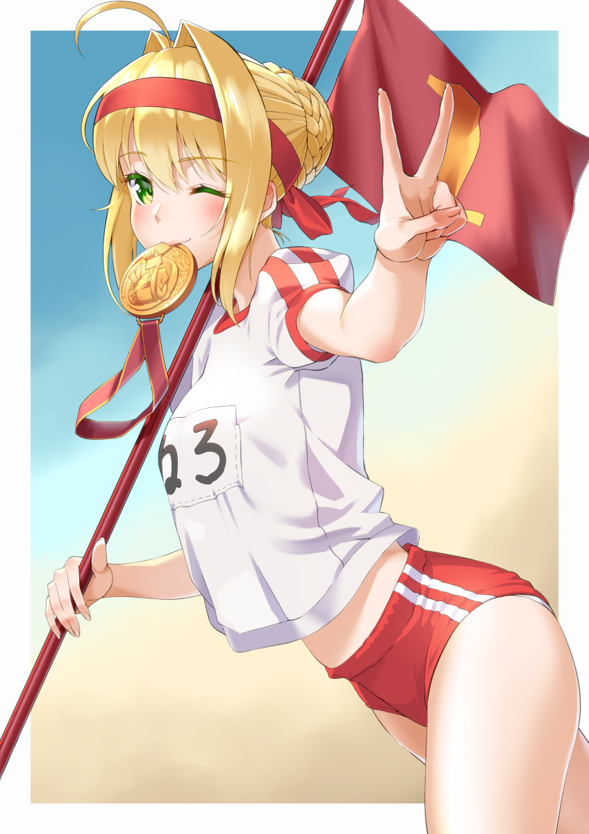 1girl ahoge blonde_hair blush braid buruma closed_mouth commentary_request cowboy_shot fate/grand_order fate_(series) fingernails flag green_eyes hair_bun hair_intakes hand_up headband highres lips looking_at_viewer medal mouth_hold name_tag nero_claudius_(fate) nero_claudius_(fate)_(all) olympian_bloomers one_eye_closed pink_lips puffy_short_sleeves puffy_sleeves saruchitan shirt short_hair short_sleeves smile solo standing v white_shirt