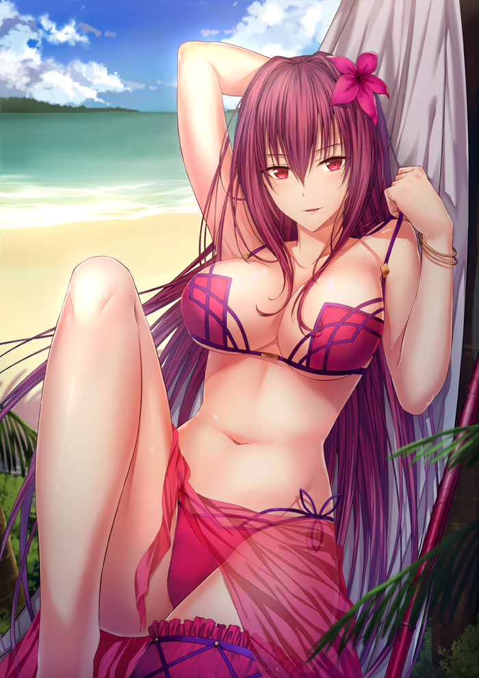 1girl arm_up bangs beach bikini bikini_pull blush bracelet breasts cleavage day eyebrows_visible_through_hair fate/grand_order fate_(series) flower gae_bolg hair_between_eyes hair_flower hair_ornament hammock hand_up jewelry knee_up large_breasts light_smile long_hair looking_at_viewer luzi lying navel on_back outdoors parted_lips polearm purple_bikini purple_flower purple_hair red_eyes sarong scathach_(fate/grand_order) scathach_(swimsuit_assassin)_(fate) sidelocks smile solo spear swimsuit thighs tsurime weapon