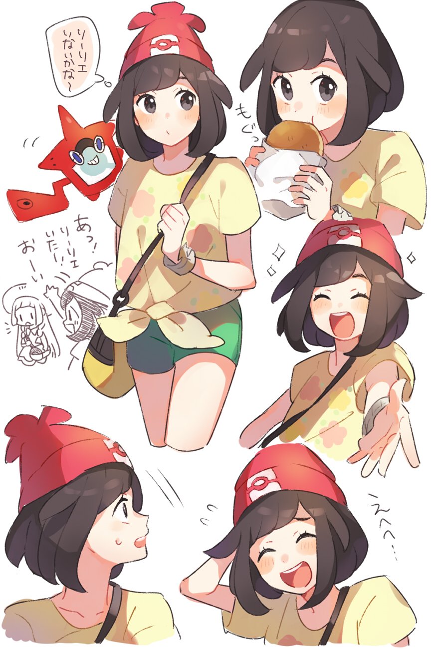 2girls bag beanie black_eyes black_hair closed_eyes eating green_shorts handbag hat highres lillie_(pokemon) malasada mizuki_(pokemon_sm) multiple_girls open_mouth outstretched_arm pokedex pokemon pokemon_(game) pokemon_sm red_hat rotom rotom_dex shirt short_hair short_sleeves shorts simple_background tied_shirt unadayoo00 white_background z-ring