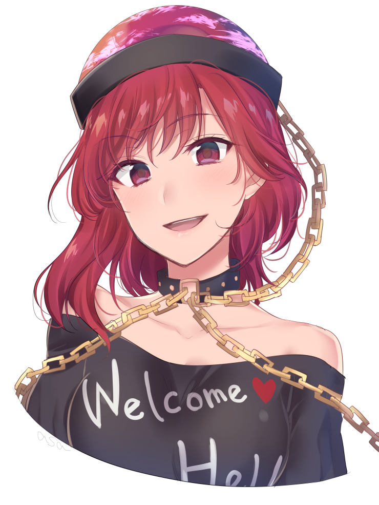 1girl asa_(coco) clothes_writing hecatia_lapislazuli looking_at_viewer red_eyes redhead shirt simple_background smile solo t-shirt touhou white_background