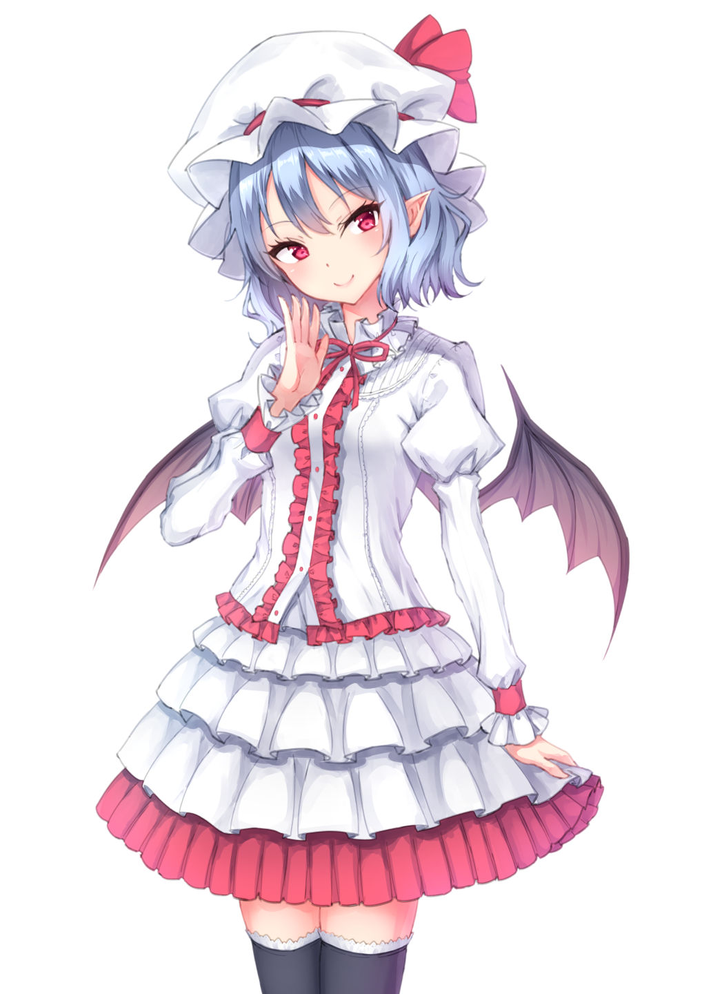 1girl bat_wings black_legwear blue_hair center_frills closed_mouth frilled_skirt frills hand_up hat hat_ribbon head_tilt highres juliet_sleeves junior27016 layered_skirt long_sleeves looking_at_viewer miniskirt mob_cap neck_ribbon puffy_sleeves red_eyes red_ribbon remilia_scarlet ribbon simple_background skirt smile solo standing thigh-highs touhou white_background white_hat white_skirt wings wrist_cuffs