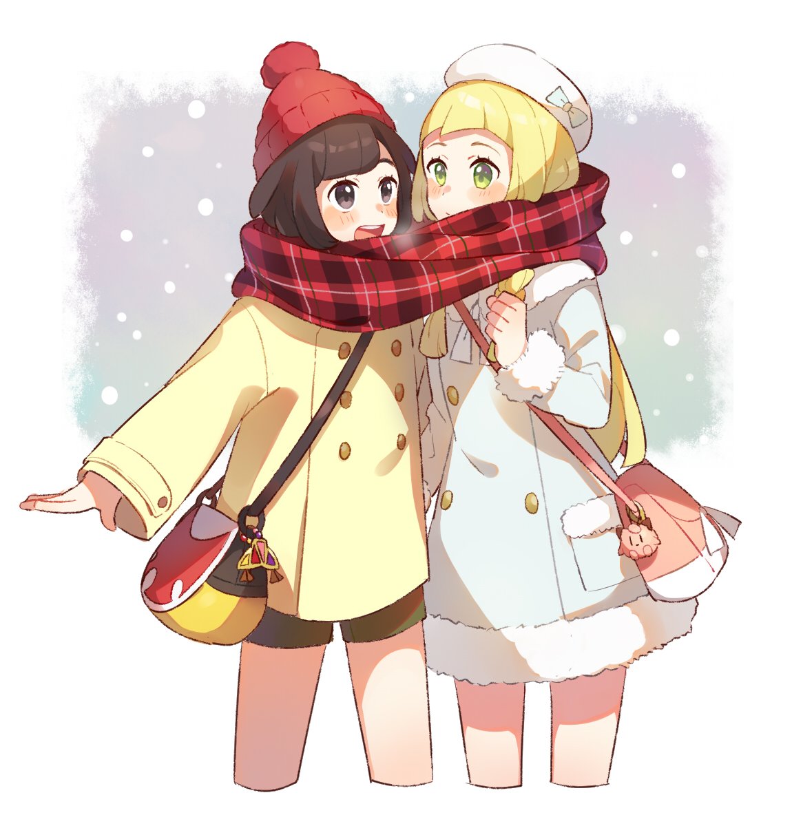 2girls alternate_costume bag black_eyes black_hair blonde_hair coat fur_trim green_eyes green_shorts handbag hat highres lillie_(pokemon) long_hair mizuki_(pokemon_sm) multiple_girls open_mouth pokemon pokemon_(game) pokemon_sm red_hat scarf shared_scarf short_hair shorts tuque unadayoo00 white_hat winter_clothes winter_coat