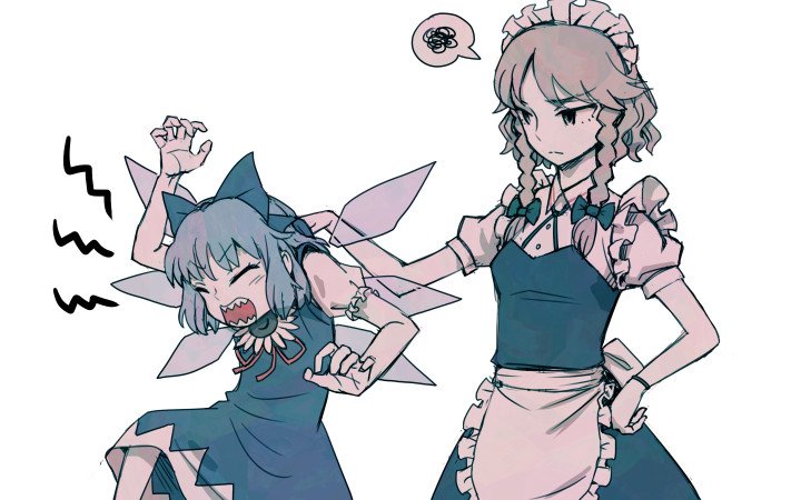 2girls angry apron blue_hair braid cirno closed_eyes dress flower grey_eyes grey_hair hair_ribbon ice ice_wings izayoi_sakuya maid maid_apron maid_headdress meimaru_inuchiyo multiple_girls ribbon sharp_teeth short_hair silver_hair sunflower teeth touhou twin_braids wings