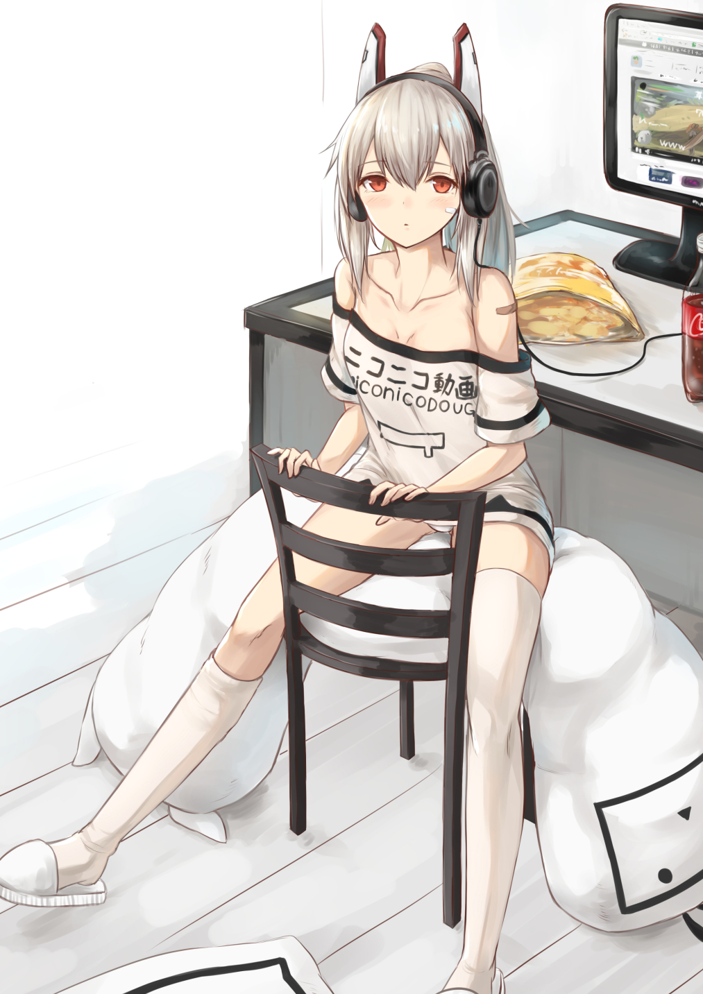 1girl ayanami_(azur_lane) azur_lane bag_of_chips bandaid bandaid_on_face bandaid_on_shoulder bare_shoulders blush breasts chair cleavage closed_mouth clothes_writing cola collarbone computer dakimakura_(object) food gohei_(aoi_yuugure) headgear headphones highres long_hair looking_at_viewer niconico no_pants off-shoulder_shirt panties pantyshot pantyshot_(sitting) pillow ponytail red_eyes shiny shiny_hair shirt sidelocks sitting sitting_backwards slippers small_breasts solo table tareme terebi-chan thigh-highs underwear white_footwear white_legwear white_shirt wooden_floor