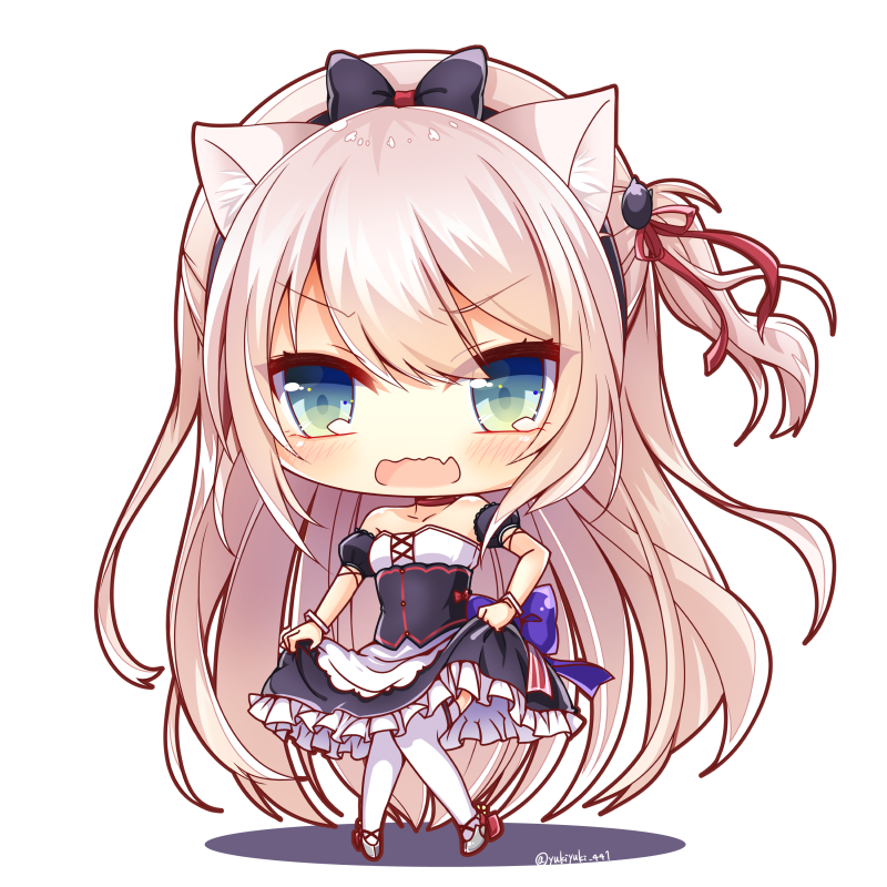 1girl animal_ears azur_lane blue_eyes blush bow cat_ears chibi choker commentary_request detached_sleeves fang garter_straps hair_bow hair_ribbon hairband hammann_(azur_lane) lifted_by_self long_hair looking_at_viewer off_shoulder one_side_up open_mouth remodel_(azur_lane) ribbon silver_hair simple_background skirt skirt_lift solo white_background white_legwear yukiyuki_441
