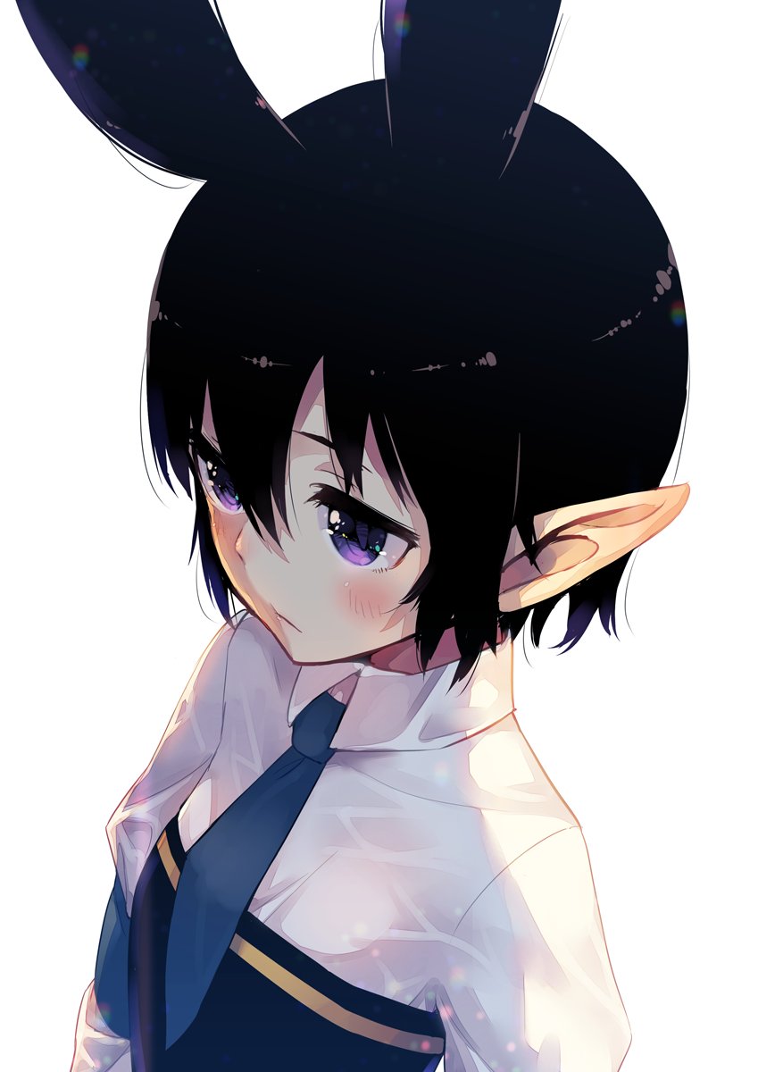 1girl animal_ears bangs black_hair blue_neckwear blush closed_mouth collared_shirt commentary_request dress from_above hair_between_eyes highres mano_(narumi_arata) narumi_arata necktie original pointy_ears shirt short_hair simple_background solo violet_eyes white_background white_shirt wing_collar