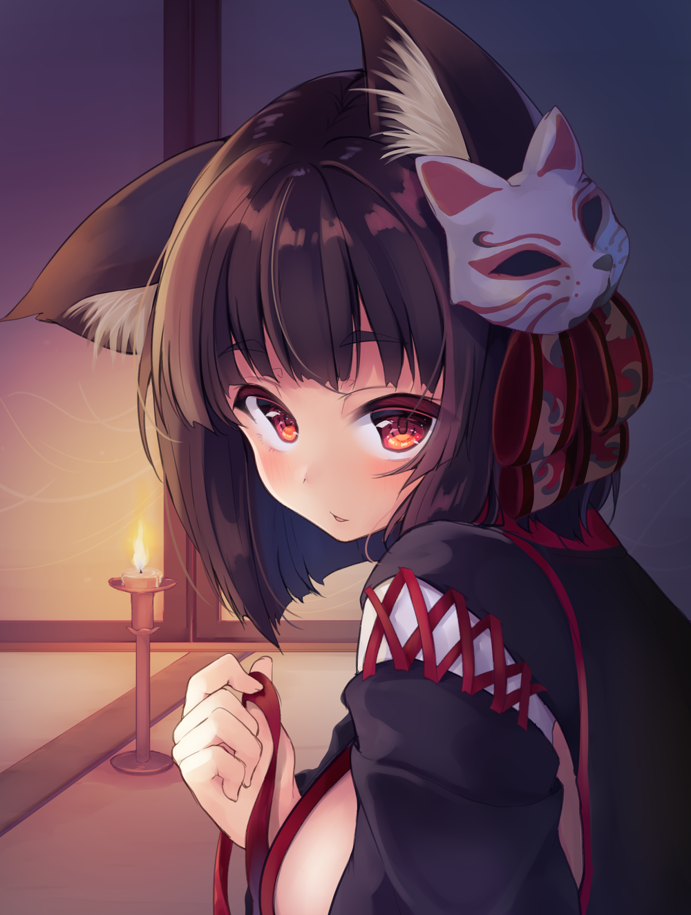 1girl animal_ears azur_lane bangs black_kimono blush brown_hair candle candlelight cat_ears commentary_request eyebrows_visible_through_hair fox_mask highres holding holding_ribbon indoors irone_(miyamiya38) japanese_clothes kimono looking_at_viewer looking_to_the_side mask mask_on_head parted_lips red_eyes red_ribbon ribbon short_hair solo thick_eyebrows yamashiro_(azur_lane)