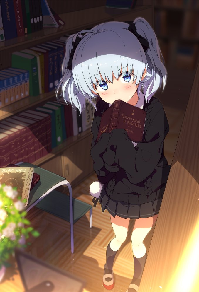 1girl ahoge bangs black_skirt blue_eyes book long_sleeves looking_at_viewer ogipote silver_hair skirt solo twintails