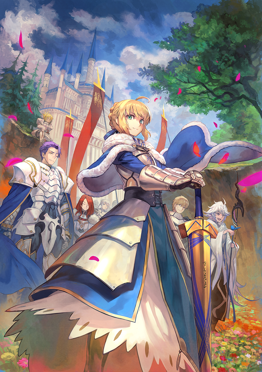 2girls 5boys ahoge armor armored_dress artoria_pendragon_(all) avalon_(fate/stay_night) banner blonde_hair blue_cape blue_sky boots braid breastplate cape castle character_request closed_eyes closed_mouth clouds cloudy_sky commentary_request day excalibur fate/apocrypha fate/grand_order fate_(series) faulds field flower flower_field forest fur_trim gauntlets gorget greaves green_eyes highres holding holding_staff juliet_sleeves lack long_hair long_sleeves merlin_(fate/stay_night) mordred_(fate) mordred_(fate)_(all) multiple_boys multiple_girls nature outdoors pauldrons plate_armor puffy_sleeves purple_hair redhead saber short_hair silver_hair sitting sky smile staff standing tree violet_eyes yellow_eyes