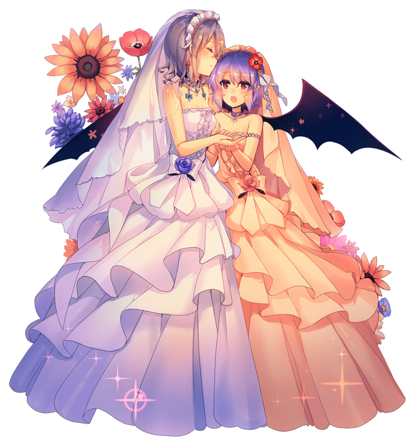 2girls bare_arms bare_shoulders bat_wings blue_bow blue_hair blush bow braid bridal_veil bride choker closed_eyes collarbone dress flower hair_bow hair_flower hair_ornament holding_hand izayoi_sakuya kirero layered_dress maid_headdress multiple_girls open_mouth pink_dress pointy_ears red_eyes remilia_scarlet short_hair strapless strapless_dress touhou twin_braids veil wedding_dress white_dress white_hair wings yuri