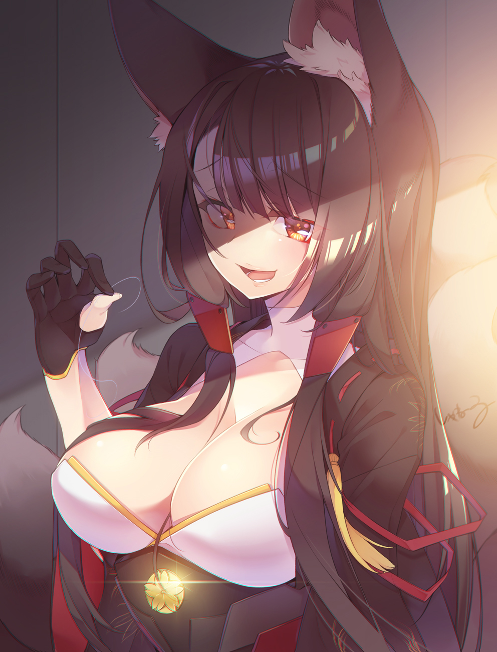 1girl akagi_(azur_lane) animal_ears azur_lane bangs black_hair breasts brown_eyes day eyebrows_visible_through_hair fox_ears hakama hand_up highres holding holding_hair japanese_clothes large_breasts long_hair looking_at_viewer nontraditional_miko open_mouth revision shade shaneru smile solo teeth