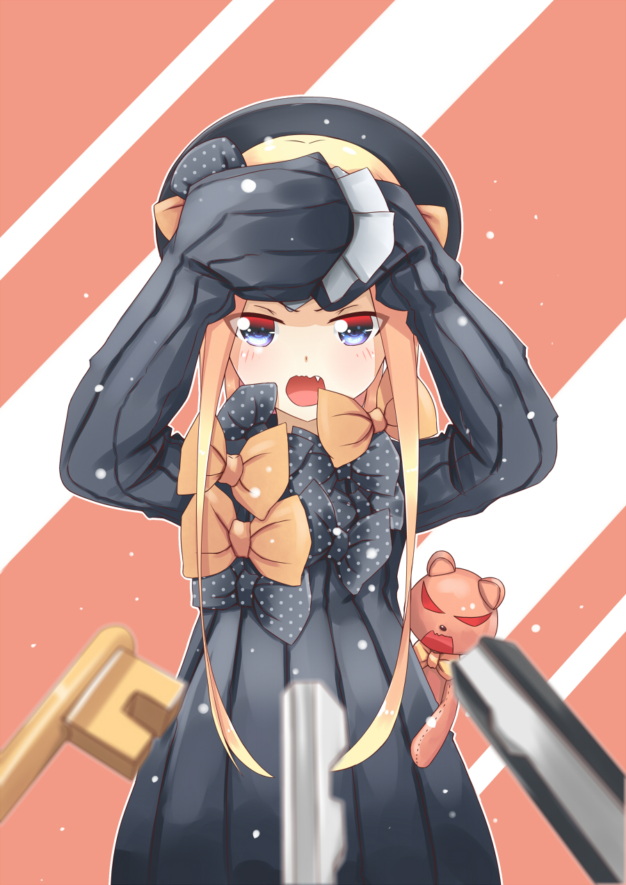 1girl abigail_williams_(fate/grand_order) aiee arms_up bangs black_bow black_dress black_hat blonde_hair blue_eyes blurry blurry_foreground blush bow commentary_request covering depth_of_field dress fang fate/grand_order fate_(series) hair_bow hands_in_sleeves hat highres key long_sleeves looking_at_viewer open_mouth orange_bow orion_(fate/grand_order) parted_bangs polka_dot polka_dot_bow stuffed_animal stuffed_toy teddy_bear tsurime v-shaped_eyebrows