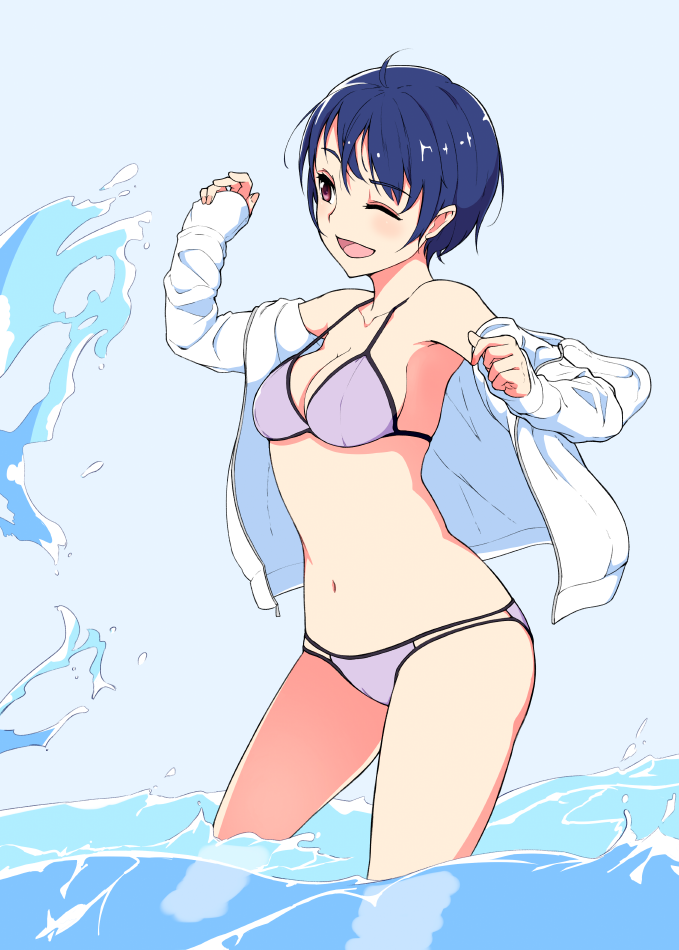 1girl :d bangs bare_shoulders bikini blue_hair blush breasts commentary_request contrapposto eyebrows_visible_through_hair hand_up hi_iro medium_breasts navel off_shoulder one_eye_closed open_mouth original purple_bikini shirt smile solo standing swimsuit violet_eyes wading water white_shirt