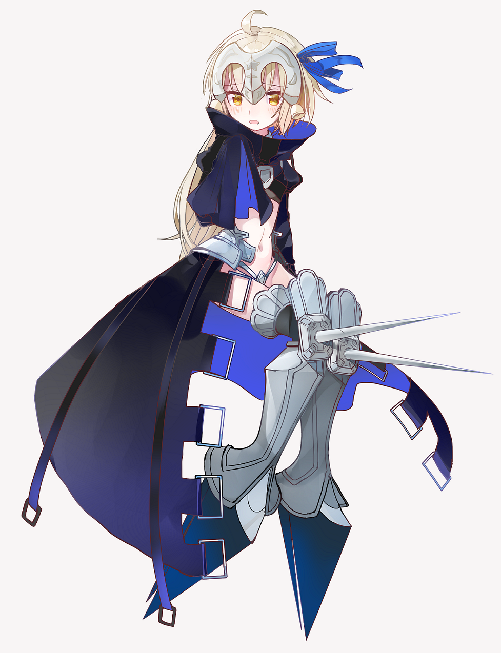 1girl ahoge bell coat cosplay crotch_plate fate/grand_order fate_(series) hair_ribbon headgear highres jeanne_d'arc_(fate)_(all) jeanne_d'arc_alter_santa_lily kogekontaro long_hair meltlilith_(fate) meltlilith_(fate)_(cosplay) midriff navel ribbon sleeves_past_wrists solo spikes white_hair yellow_eyes