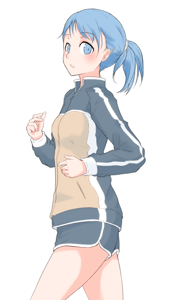 1girl :o bangs blue_eyes blue_hair blush boyshorts commentary_request cowboy_shot eyebrows_visible_through_hair from_side hi_iro jacket jogging long_sleeves looking_at_viewer looking_to_the_side parted_lips ponytail simple_background solo standing white_background