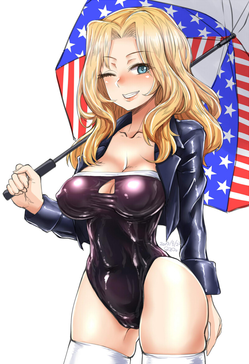 1girl american_flag american_flag_print artist_name black_jacket black_leotard blazer blonde_hair blue_eyes breasts cleavage commentary_request cowboy_shot dated eyebrows_visible_through_hair flag_print girls_und_panzer grin holding holding_umbrella jacket kay_(girls_und_panzer) large_breasts latex leotard long_hair long_sleeves looking_at_viewer one_eye_closed qzo_(akai_kitsune) racequeen sagging_breasts shiny shiny_clothes signature simple_background skindentation smile solo strapless strapless_leotard thigh-highs umbrella white_background white_legwear