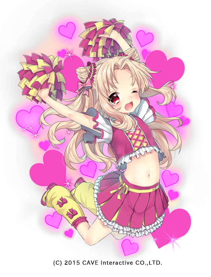 1girl ;d arms_up bangs blush bow breasts crop_top eyebrows_visible_through_hair frilled_skirt frills full_body gothic_wa_mahou_otome hair_bow hair_intakes hair_ornament hair_scrunchie heart heart_background holding jumping leg_warmers light_brown_hair long_hair looking_at_viewer midriff nachiru navel official_art one_eye_closed open_mouth pink_bow pink_scrunchie pink_shirt pink_skirt pleated_skirt pom_poms red_eyes ribbon scrunchie shirt shoes short_sleeves sidelocks skirt small_breasts smile sneakers solo striped striped_bow very_long_hair white_background yellow_footwear yellow_legwear yellow_ribbon