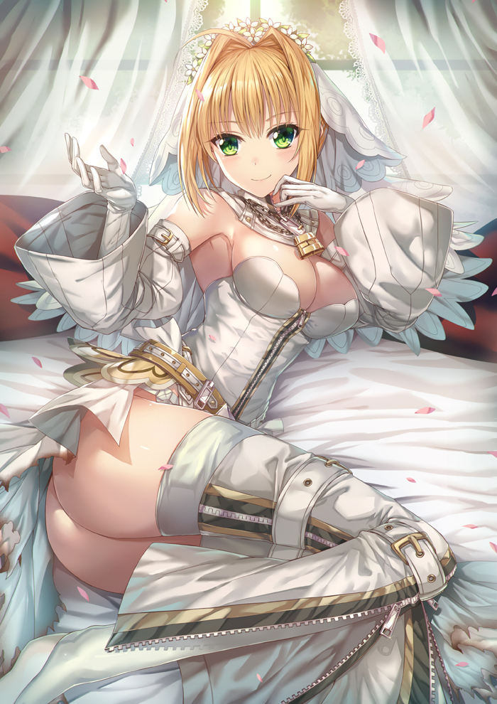 1girl ass bare_shoulders belt blonde_hair blush breasts cleavage closed_mouth elbow_gloves fate/grand_order fate_(series) gloves green_eyes hair_intakes hands_up large_breasts leotard looking_at_viewer luzi lying nero_claudius_(bride)_(fate) nero_claudius_(fate) nero_claudius_(fate)_(all) on_side showgirl_skirt sidelocks skirt smile solo thigh-highs thighs white_legwear white_leotard white_skirt zipper