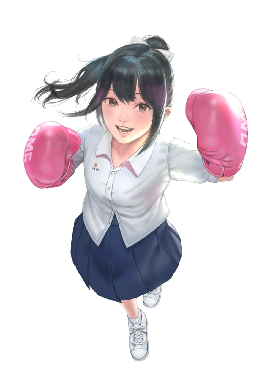 1girl black_eyes black_hair boxing_gloves commentary_request dress_shirt from_above highres looking_at_viewer open_mouth original pleated_skirt ponytail rungsak_sontayanont shirt shoes simple_background skirt smile sneakers solo white_background