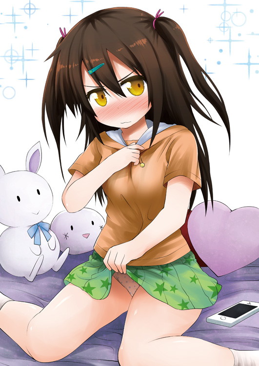 1girl :3 blush breasts brown_eyes brown_hair brown_hoodie cellphone closed_mouth fujisaka_lyric green_skirt heart heart_pillow hood hood_down hoodie lifted_by_self long_hair looking_to_the_side nose_blush original panties phone pillow pleated_skirt polka_dot polka_dot_panties print_skirt short_sleeves skirt skirt_lift small_breasts smartphone socks solo sparkle star star_print stuffed_animal stuffed_bunny stuffed_toy two_side_up underwear v-shaped_eyebrows white_legwear white_panties