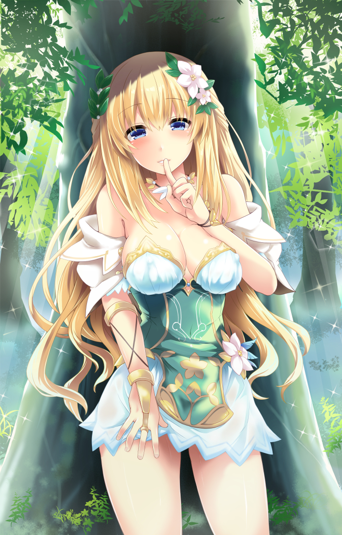 1girl bare_shoulders blonde_hair blue_eyes blush braid breasts choujigen_game_neptune cleavage closed_mouth collarbone detached_collar dress erect_nipples finger_to_mouth flower forest four_goddesses_online:_cyber_dimension_neptune french_braid hair_flower hair_ornament index_finger_raised large_breasts long_hair looking_at_viewer nature neptune_(series) no_bra outdoors parted_lips shinjitsu_(true_ride) shiny shiny_hair shiny_skin shushing skirt smile solo standing tied_hair vert very_long_hair