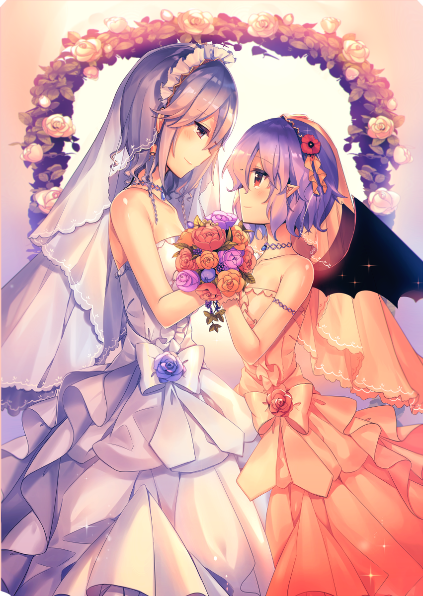 2girls apron bare_shoulders bat_wings blue_eyes blue_hair bridal_veil commentary_request dress eye_contact flower from_side highres holding holding_flower izayoi_sakuya kirero looking_at_another maid_apron multiple_girls pink_dress pointy_ears red_eyes remilia_scarlet short_hair smile strapless strapless_dress touhou veil wedding_dress white_dress white_hair wings yuri