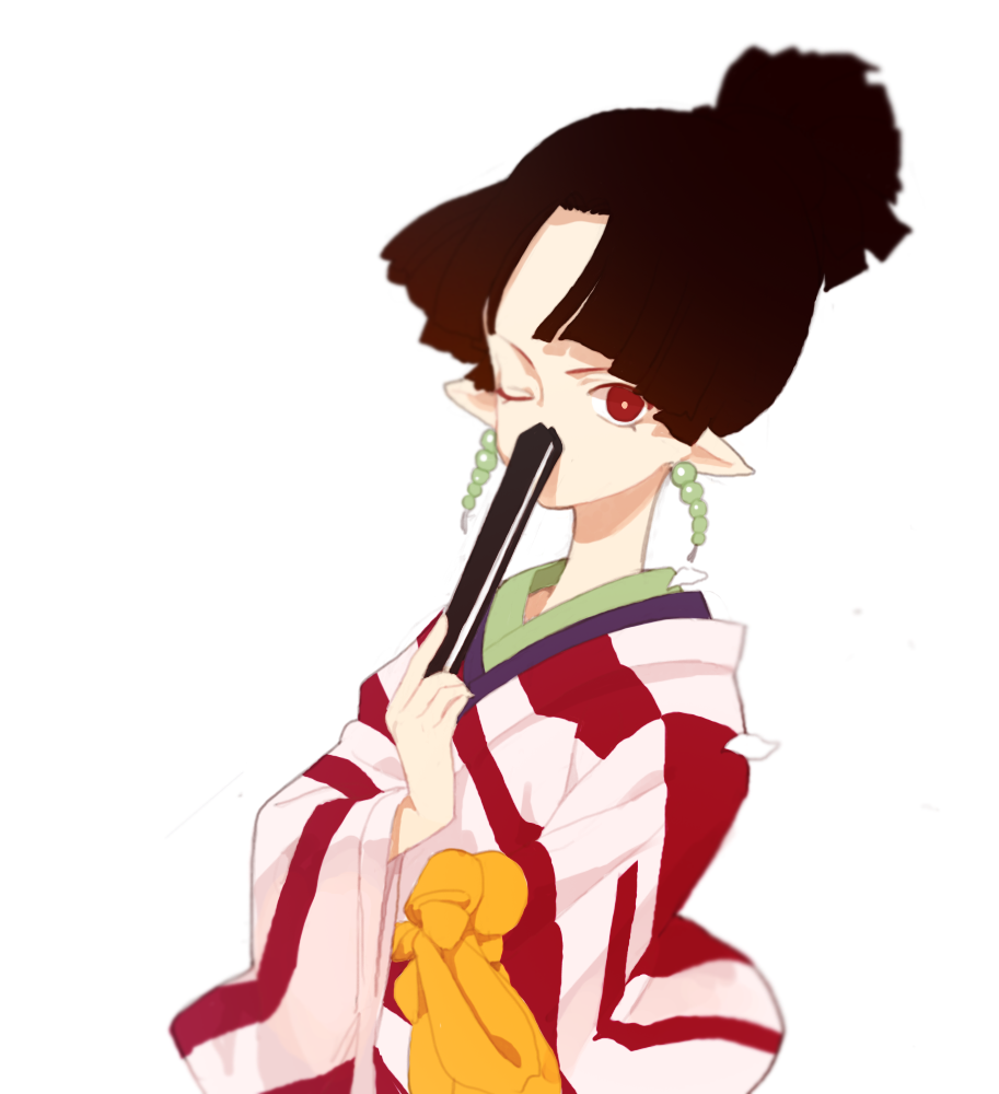 1girl bangs black_hair blunt_bangs bright_pupils commentary_request doremi earrings fan folding_fan holding holding_fan inuyasha japanese_clothes jewelry kagura kimono long_sleeves looking_at_viewer one_eye_closed pointy_ears red_eyes simple_background solo tied_hair upper_body white_background wide_sleeves