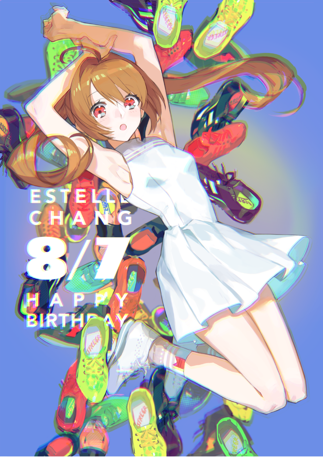 1girl ahoge alternate_costume armpits arms_up bangs bare_arms brown_hair dated dress eiyuu_densetsu estelle_bright happy_birthday highres long_hair looking_at_viewer nishihara_isao open_mouth red_eyes shoes short_dress sleeveless sleeveless_dress sneakers solo sora_no_kiseki twintails white_dress