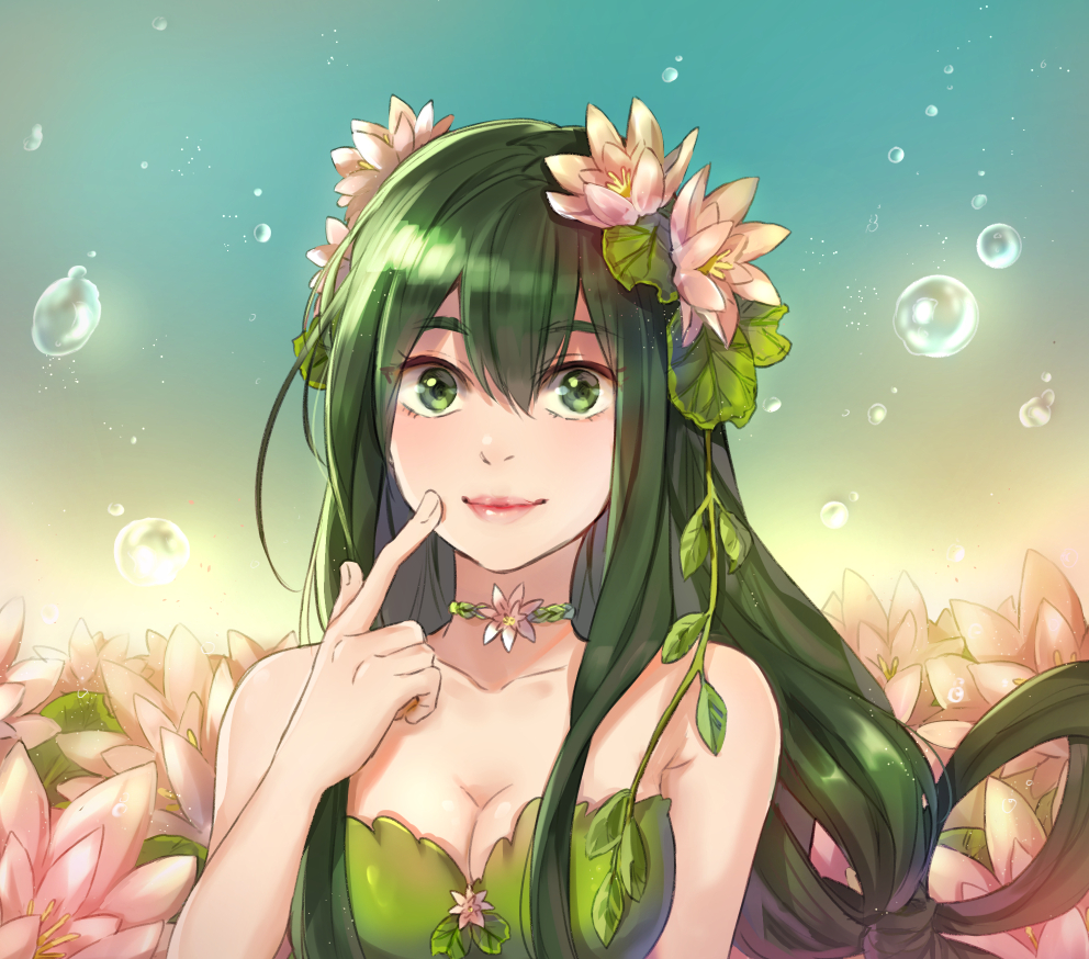 1girl annabel-m asui_tsuyu bangs bare_arms bare_shoulders boku_no_hero_academia bound bound_wrists breasts bubble choker cleavage closed_mouth dress eyebrows_visible_through_hair fingernails flower green_dress green_eyes green_hair hair_between_eyes hair_flower hair_ornament leaf leaf_on_head lips long_hair looking_at_viewer lotus medium_breasts pink_lips smile solo upper_body