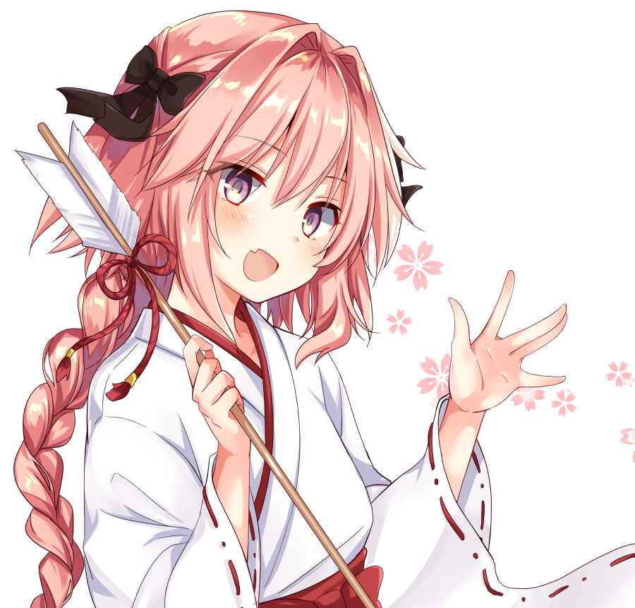 1boy arrow astolfo_(fate) bow braid cherry_blossoms commentary_request eyebrows_visible_through_hair fang fate/grand_order fate_(series) gomano_rio hair_between_eyes hair_bow hair_intakes hamaya hand_up japanese_clothes long_hair miko open_mouth pink_hair solo trap violet_eyes white_background wide_sleeves