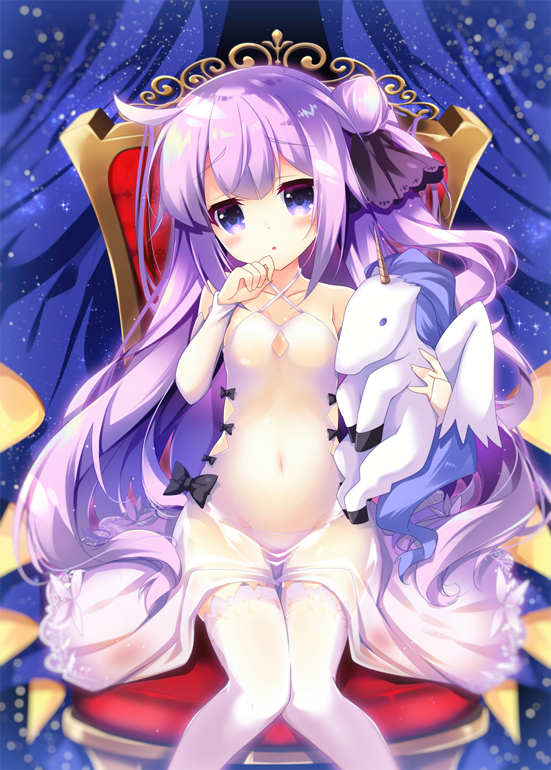 1girl :o ahoge azur_lane bare_shoulders black_bow black_ribbon blush bow breasts collarbone commentary_request covered_navel criss-cross_halter detached_sleeves dress fingernails groin hair_bun hair_ribbon halterneck hand_to_own_mouth head_tilt knees_together_feet_apart long_sleeves looking_at_viewer lowleg lowleg_panties nanamomo_rio object_hug one_side_up panties parted_lips purple_hair ribbon see-through side_bun sitting small_breasts solo stuffed_animal stuffed_pegasus stuffed_toy stuffed_unicorn thigh-highs throne underwear unicorn_(azur_lane) violet_eyes white_dress white_legwear white_panties
