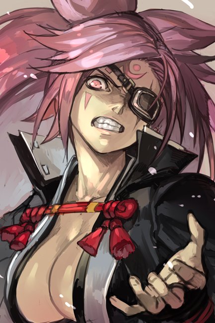 1girl baiken black_jacket clenched_teeth eyepatch fingernails guilty_gear guilty_gear_xrd hankuri high_collar jacket long_hair looking_at_viewer no_bra one_eye_covered open_clothes open_jacket pink_eyes pink_hair scar scar_across_eye solo tassel teeth upper_body