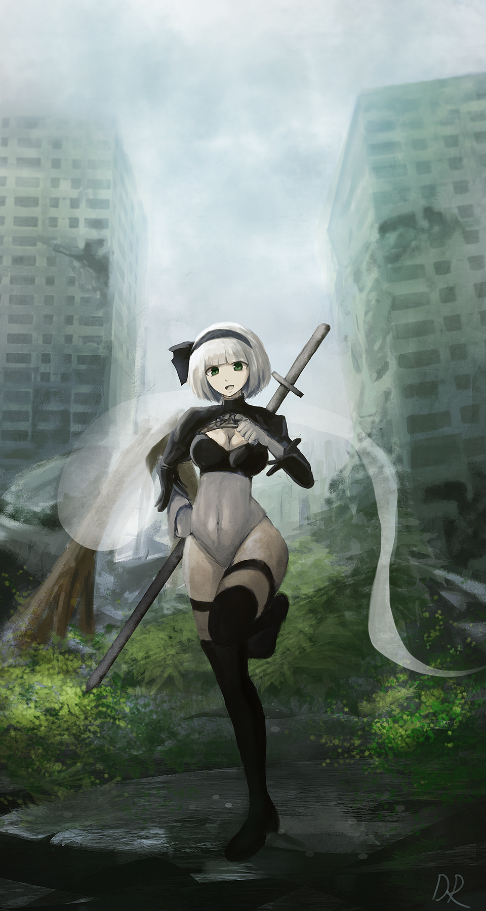 1girl black_footwear black_hairband black_legwear boots breasts building city commentary covered_navel crossover danraz0r day feather-trimmed_sleeves fog full_body green_eyes grey_hair hairband hand_on_hip highleg highleg_leotard highres juliet_sleeves katana knee_up konpaku_youmu leotard long_hair long_sleeves looking_at_viewer making_of medium_breasts nier_(series) nier_automata no_blindfold outdoors post-apocalypse puffy_sleeves ruins sheath sheathed short_hair silver_hair sky solo speedpaint standing standing_on_one_leg sunlight sword sword_behind_back thigh-highs thigh_boots thighhighs_under_boots touhou vambraces video_av weapon weapon_on_back white_leotard yorha_no._2_type_b