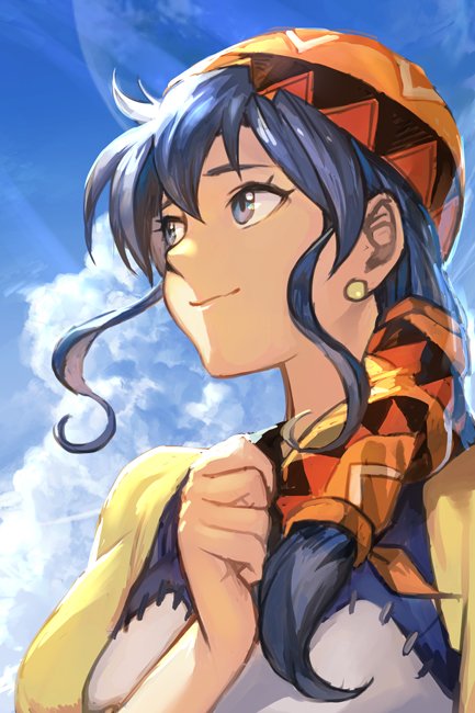 1girl bangs blue_dress blue_eyes blue_hair blue_sky character_request closed_mouth clouds copyright_request dress earrings hair_between_eyes hand_on_own_chest hankuri jewelry long_hair looking_to_the_side outdoors sky smile solo upper_body