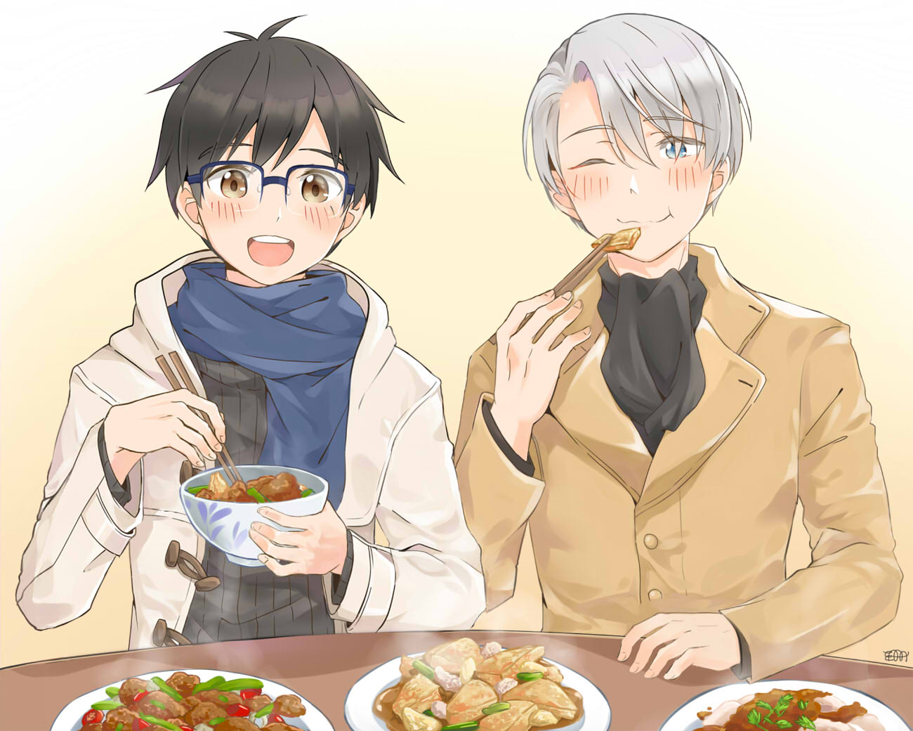 2boys :d big_cat_shan black_hair blue-framed_eyewear blue_eyes bowl brown_eyes chopsticks coat eating food glasses katsuki_yuuri male_focus meat multiple_boys one_eye_closed open_mouth plate rice scarf silver_hair smile table viktor_nikiforov yuri!!!_on_ice