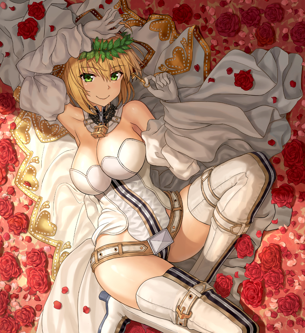 1girl ahoge blonde_hair bodysuit bridal_veil detached_sleeves fate/grand_order fate_(series) flower full-length_zipper gloves green_eyes hair_intakes head_wreath leotard lock looking_at_viewer lying nero_claudius_(bride)_(fate) nero_claudius_(fate)_(all) npcpepper on_back padlock red_flower rose showgirl_skirt smile solo strapless strapless_leotard veil white_bodysuit white_gloves white_leotard wide_sleeves zipper