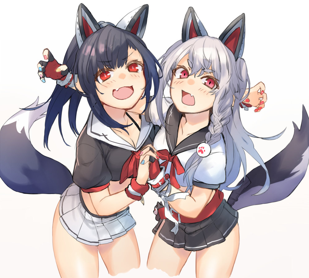 2girls :d animal_ears azur_lane bangs black_hair black_sailor_collar black_shirt black_skirt blue_nails blush braid breast_press breasts claw_pose cleavage cowboy_shot crop_top eyebrows_visible_through_hair fang fingerless_gloves fingernails ganesagi gloves hair_between_eyes holding_hand interlocked_fingers long_hair looking_at_viewer multiple_girls nail_polish open_mouth pleated_skirt puffy_short_sleeves puffy_sleeves red_eyes sailor_collar school_uniform serafuku shirt short_sleeves silver_hair skirt slit_pupils smile standing symmetrical_docking symmetry tail v-shaped_eyebrows white_sailor_collar white_shirt white_skirt