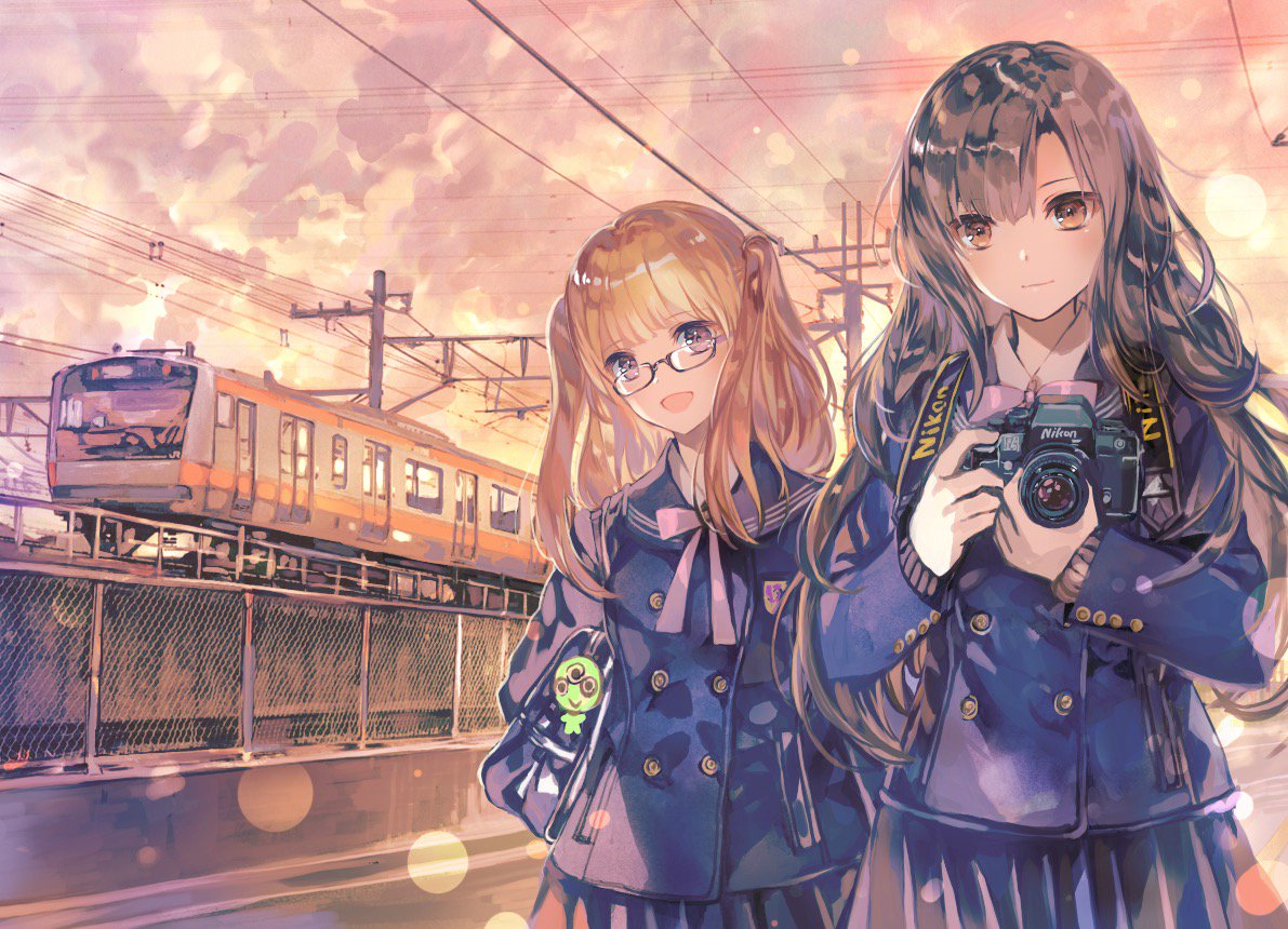 2girls :d backpack bag black_hair blonde_hair blue_jacket blush brown_eyes camera clouds cloudy_sky commentary_request cowboy_shot eyebrows_visible_through_hair fence glasses ground_vehicle jacket long_hair long_sleeves looking_at_viewer multiple_girls open_mouth original pleated_skirt power_lines rioka_(southern_blue_sky) school_bag school_uniform shoulder_bag skirt sky smile standing telephone_pole train violet_eyes
