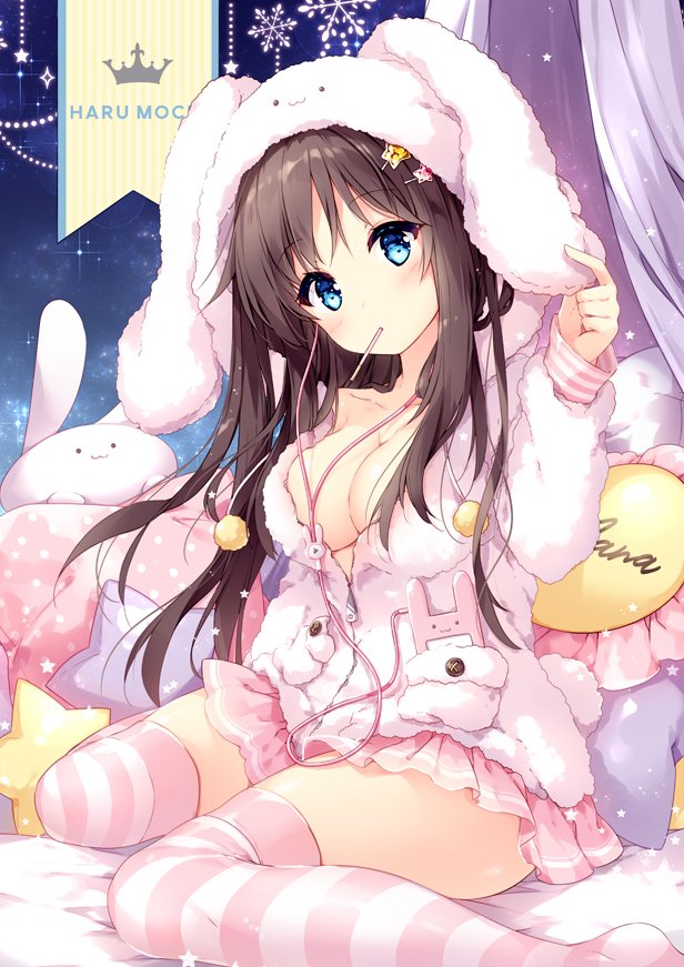 1girl animal_hood bed black_hair blue_eyes breasts bunny_hood cellphone cleavage commentary_request earphones frilled_skirt frills hair_ornament hairclip hood hooded_jacket jacket long_hair looking_at_viewer mochizuki_shiina original phone pillow sitting skirt smartphone solo striped striped_legwear stuffed_animal stuffed_bunny stuffed_toy thigh-highs wariza zettai_ryouiki