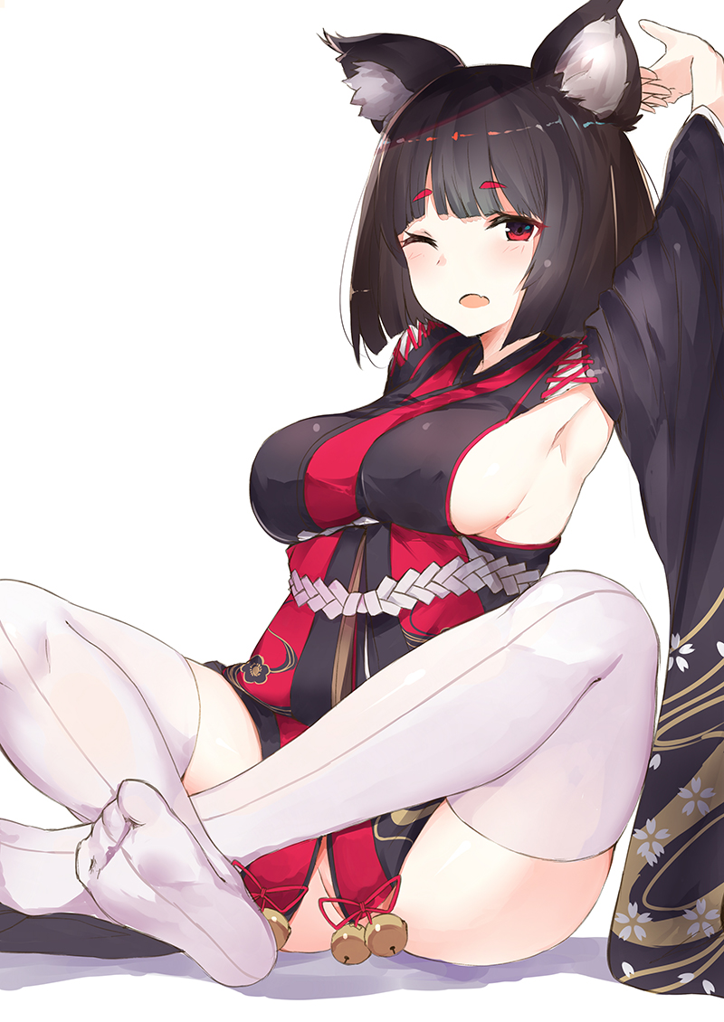 1girl armpits azur_lane bangs bell black_hair black_kimono blunt_bangs blush breasts eyebrows_visible_through_hair indian_style japanese_clothes jingle_bell kimono large_breasts looking_at_viewer luse_maonang obi one_eye_closed open_mouth red_eyes sash short_hair sideboob simple_background sitting solo thick_eyebrows thigh-highs white_background white_legwear wide_sleeves yamashiro_(azur_lane)