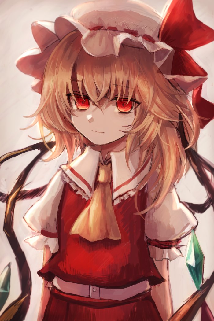 1girl ascot blonde_hair bow commentary_request flandre_scarlet hat hat_bow maho_moco mob_cap puffy_short_sleeves puffy_sleeves red_bow red_eyes red_shirt red_skirt shirt short_sleeves side_ponytail skirt touhou white_background white_sleeves wings yellow_neckwear