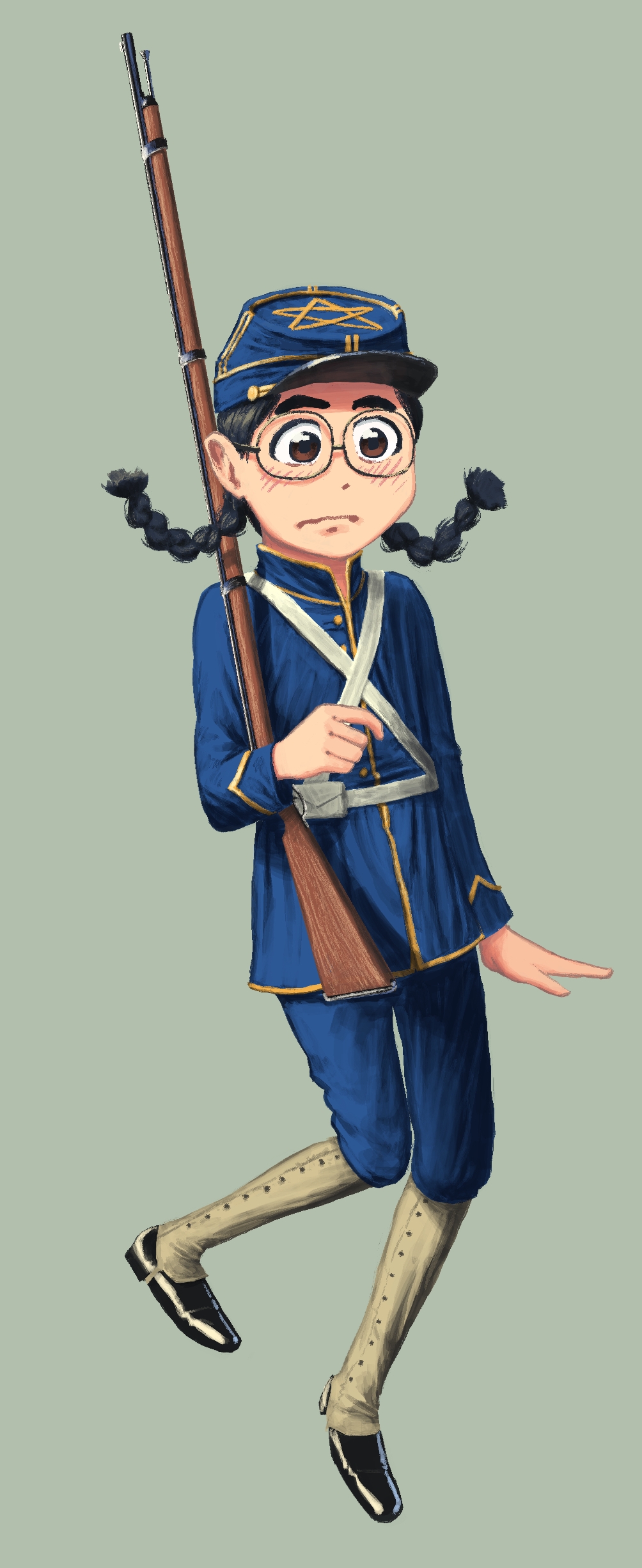 1girl absurdres axiaterraartunion black_hair boshin_war braid brown_eyes cap glasses green_background gun hat highres history japanese japanese_clothes jumping military military_hat military_uniform original pants rifle scared short_hair simple_background solo surprised twin_braids uniform weapon