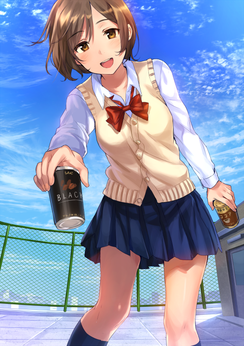 1girl :d bangs blue_legwear blue_skirt blue_sky blush bow bowtie brown_eyes brown_hair buttons chain-link_fence clouds collared_shirt cup day eyebrows_visible_through_hair fence foreshortening giving holding holding_cup kneehighs legs_apart long_sleeves looking_at_viewer miniskirt open_mouth original outdoors pleated_skirt pov red_bow red_neckwear rooftop round_teeth school_uniform shirt short_hair skirt sky smile solo sweater_vest swept_bangs tan_(tangent) tareme teeth white_shirt wing_collar