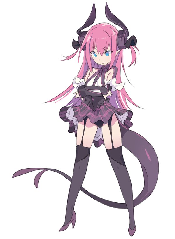 1girl asymmetrical_horns bangs black_dress black_legwear black_panties black_ribbon blade_(galaxist) blue_eyes closed_mouth commentary_request crossed_arms dragon_horns dragon_tail dress elizabeth_bathory_(fate) elizabeth_bathory_(fate)_(all) eyebrows_visible_through_hair fate/extra fate/extra_ccc fate_(series) full_body garter_straps hair_between_eyes hair_ribbon high_heels horns long_hair panties pink_hair pointy_ears purple_footwear ribbon simple_background smile solo standing tail two_side_up underwear very_long_hair white_background